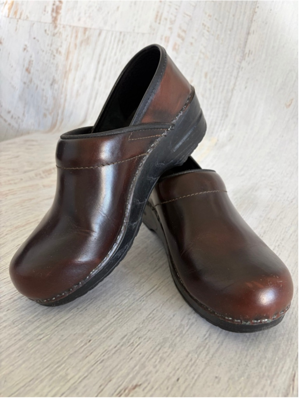 Women's Sanita Brown Leather Clogs